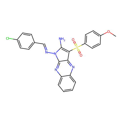 (E)-N1-(4-chlorobenzylidene)-3-((4-methoxyphenyl)sulfonyl)-1H-pyrrolo[2,3-b]quinoxaline-1,2-diamine structure