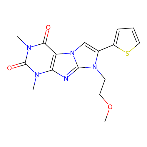 8-(2-methoxyethyl)-1,3-dimethyl-7-(thiophen-2-yl)-1H-imidazo[2,1-f]purine-2,4(3H,8H)-dione structure