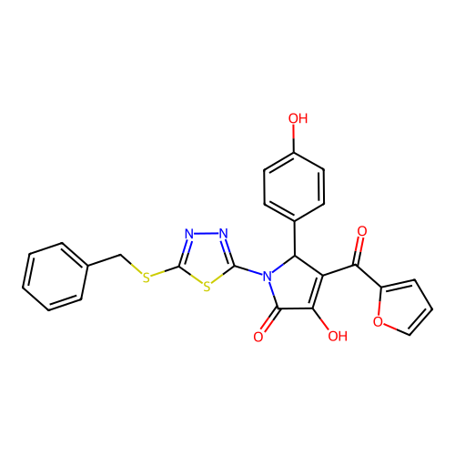 (4E)-1-[5-(benzylsulfanyl)-1,3,4-thiadiazol-2-yl]-4-[furan-2-yl(hydroxy)methylidene]-5-(4-hydroxyphenyl)pyrrolidine-2,3-dione structure
