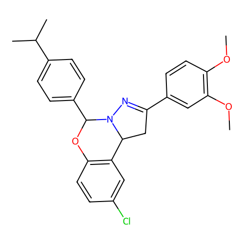 9-chloro-2-(3,4-dimethoxyphenyl)-5-(4-isopropylphenyl)-5,10b-dihydro-1H-benzo[e]pyrazolo[1,5-c][1,3]oxazine structure