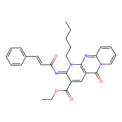 (Z)-ethyl 2-(cinnamoylimino)-5-oxo-1-pentyl-2,5-dihydro-1H-dipyrido[1,2-a:2',3'-d]pyrimidine-3-carboxylate structure