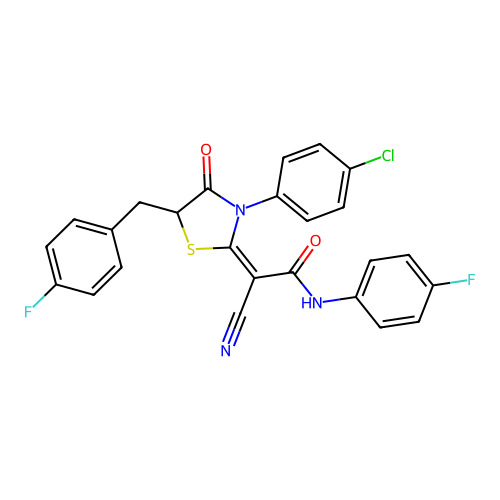 (E)-2-(3-(4-chlorophenyl)-5-(4-fluorobenzyl)-4-oxothiazolidin-2-ylidene)-2-cyano-N-(4-fluorophenyl)acetamide structure