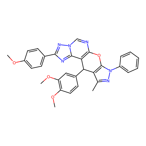 11-(3,4-dimethoxyphenyl)-2-(4-methoxyphenyl)-10-methyl-8-phenyl-8,11-dihydropyrazolo[4',3':5,6]pyrano[3,2-e][1,2,4]triazolo[1,5-c]pyrimidine structure