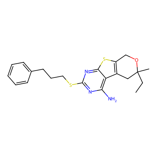 6-ethyl-6-methyl-2-((3-phenylpropyl)thio)-6,8-dihydro-5H-pyrano[4',3':4,5]thieno[2,3-d]pyrimidin-4-amine structure