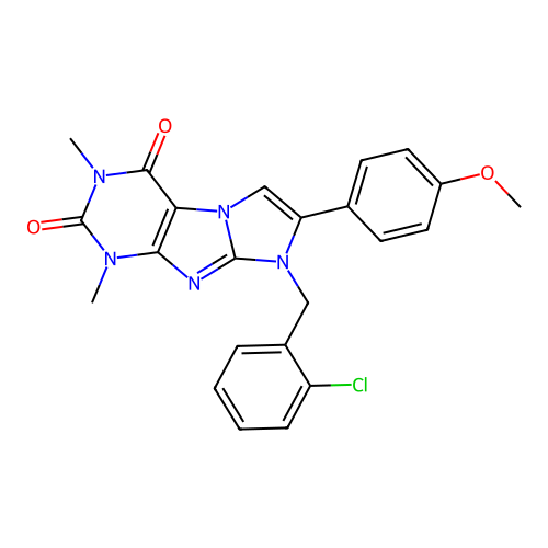 8-(2-chlorobenzyl)-7-(4-methoxyphenyl)-1,3-dimethyl-1H-imidazo[2,1-f]purine-2,4(3H,8H)-dione structure