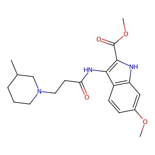 methyl 6-methoxy-3-(3-(3-methylpiperidin-1-yl)propanamido)-1H-indole-2-carboxylate structure