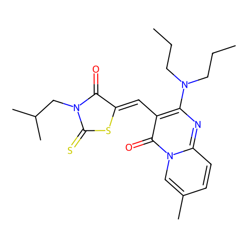 2-(dipropylamino)-7-methyl-3-{(Z)-[3-(2-methylpropyl)-4-oxo-2-thioxo-1,3-thiazolidin-5-ylidene]methyl}-4H-pyrido[1,2-a]pyrimidin-4-one structure
