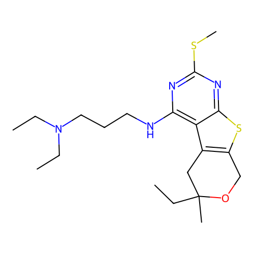 N,N-diethyl-N'-[6-ethyl-6-methyl-2-(methylsulfanyl)-5,8-dihydro-6H-pyrano[4',3':4,5]thieno[2,3-d]pyrimidin-4-yl]propane-1,3-diamine structure