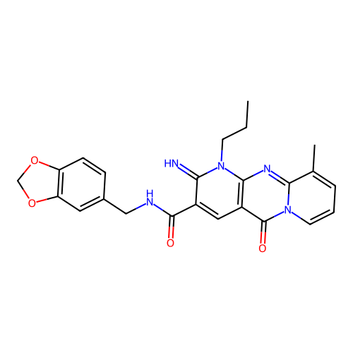 N-(1,3-benzodioxol-5-ylmethyl)-2-imino-10-methyl-5-oxo-1-propyl-1,5-dihydro-2H-dipyrido[1,2-a:2',3'-d]pyrimidine-3-carboxamide structure
