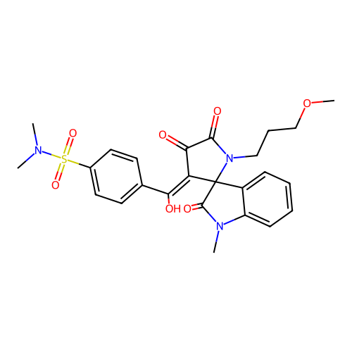 4-(4'-hydroxy-1'-(3-methoxypropyl)-1-methyl-2,5'-dioxo-1',5'-dihydrospiro[indoline-3,2'-pyrrol]-3'-ylcarbonyl)-N,N-dimethylbenzenesulfonamide structure
