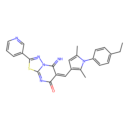 (E)-6-((1-(4-ethylphenyl)-2,5-dimethyl-1H-pyrrol-3-yl)methylene)-5-imino-2-(pyridin-3-yl)-5H-[1,3,4]thiadiazolo[3,2-a]pyrimidin-7(6H)-one structure