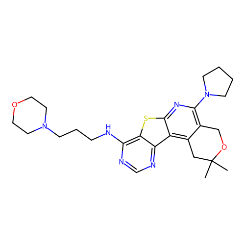 2,2-dimethyl-N-(3-morpholinopropyl)-5-(pyrrolidin-1-yl)-2,4-dihydro-1H-pyrano[4'',3'':4',5']pyrido[3',2':4,5]thieno[3,2-d]pyrimidin-8-amine structure