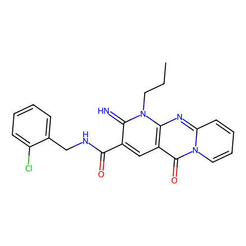N-(2-chlorobenzyl)-2-imino-5-oxo-1-propyl-1,5-dihydro-2H-dipyrido[1,2-a:2',3'-d]pyrimidine-3-carboxamide structure