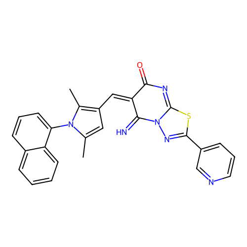 (E)-6-((2,5-dimethyl-1-(naphthalen-1-yl)-1H-pyrrol-3-yl)methylene)-5-imino-2-(pyridin-3-yl)-5H-[1,3,4]thiadiazolo[3,2-a]pyrimidin-7(6H)-one structure
