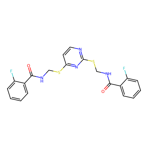 N,N'-[pyrimidine-2,4-diylbis(sulfanediylmethanediyl)]bis(2-fluorobenzamide) structure