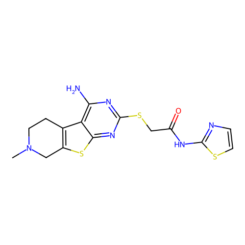 2-((4-amino-7-methyl-5,6,7,8-tetrahydropyrido[4',3':4,5]thieno[2,3-d]pyrimidin-2-yl)thio)-N-(thiazol-2-yl)acetamide structure