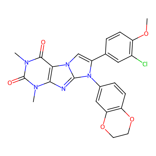 7-(3-chloro-4-methoxyphenyl)-6-(2,3-dihydro-1,4-benzodioxin-6-yl)-2,4-dimethylpurino[7,8-a]imidazole-1,3-dione structure