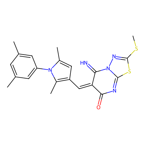 (6E)-6-[[1-(3,5-dimethylphenyl)-2,5-dimethylpyrrol-3-yl]methylidene]-5-imino-2-methylsulfanyl-[1,3,4]thiadiazolo[3,2-a]pyrimidin-7-one structure