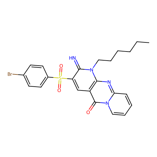 3-((4-bromophenyl)sulfonyl)-1-hexyl-2-imino-1H-dipyrido[1,2-a:2',3'-d]pyrimidin-5(2H)-one structure