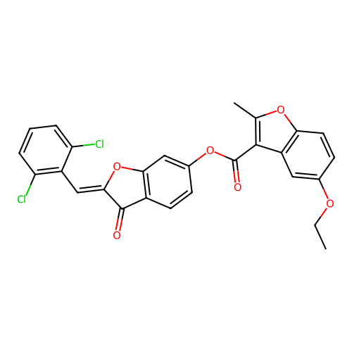 (2Z)-2-(2,6-dichlorobenzylidene)-3-oxo-2,3-dihydro-1-benzofuran-6-yl 5-ethoxy-2-methyl-1-benzofuran-3-carboxylate structure