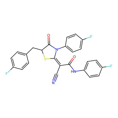 (E)-2-cyano-2-(5-(4-fluorobenzyl)-3-(4-fluorophenyl)-4-oxothiazolidin-2-ylidene)-N-(4-fluorophenyl)acetamide structure