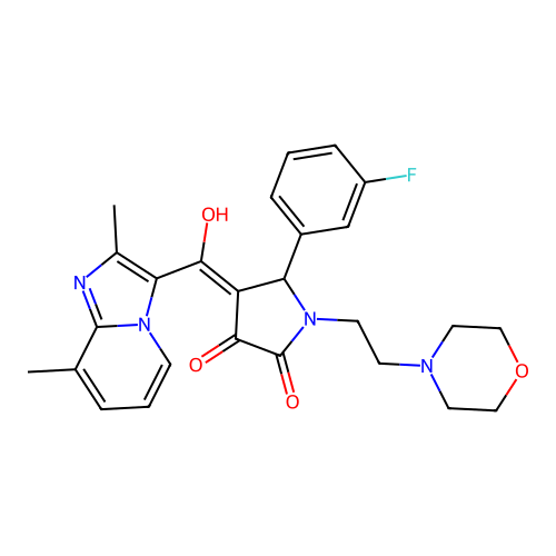 (4E)-4-[(2,8-dimethylimidazo[1,2-a]pyridin-3-yl)-hydroxymethylidene]-5-(3-fluorophenyl)-1-(2-morpholin-4-ylethyl)pyrrolidine-2,3-dione structure