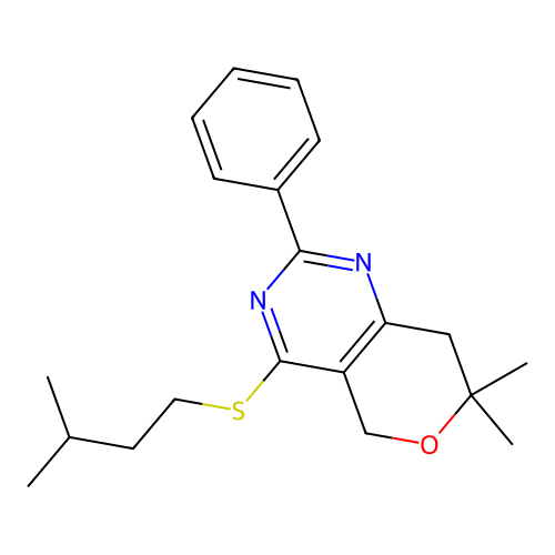 4-(isopentylthio)-7,7-dimethyl-2-phenyl-7,8-dihydro-5H-pyrano[4,3-d]pyrimidine structure