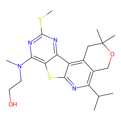 2-((5-isopropyl-2,2-dimethyl-10-(methylthio)-2,4-dihydro-1H-pyrano[4'',3'':4',5']pyrido[3',2':4,5]thieno[3,2-d]pyrimidin-8-yl)(methyl)amino)ethanol structure