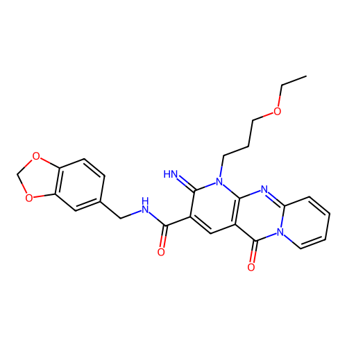 N-(1,3-benzodioxol-5-ylmethyl)-1-(3-ethoxypropyl)-2-imino-5-oxo-1,5-dihydro-2H-dipyrido[1,2-a:2',3'-d]pyrimidine-3-carboxamide structure