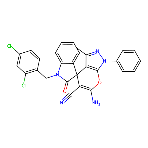 6'-amino-1-(2,4-dichlorobenzyl)-3'-methyl-2-oxo-1'-phenyl-1,2-dihydro-1'H-spiro[indole-3,4'-pyrano[2,3-c]pyrazole]-5'-carbonitrile structure