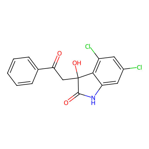 4,6-dichloro-3-hydroxy-3-(2-oxo-2-phenylethyl)-1,3-dihydro-2H-indol-2-one structure