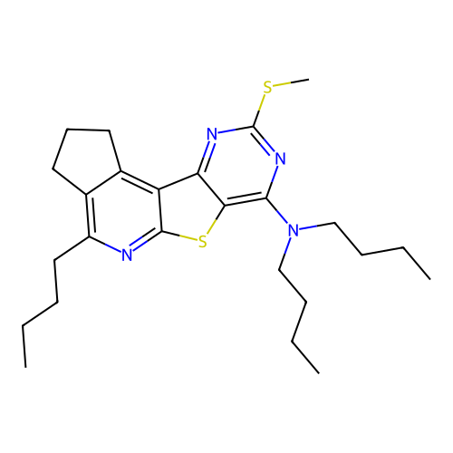 N,N,4-tributyl-9-(methylsulfanyl)-2,3-dihydro-1H-cyclopenta[4',5']pyrido[3',2':4,5]thieno[3,2-d]pyrimidin-7-amine structure