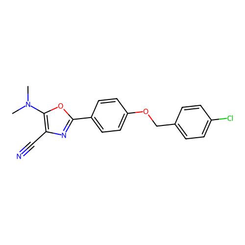 2-[4-[(4-chlorophenyl)methoxy]phenyl]-5-(dimethylamino)-1,3-oxazole-4-carbonitrile structure