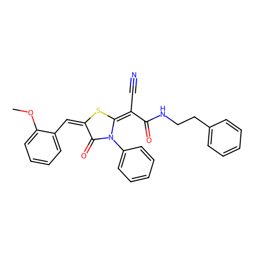 (2E)-2-cyano-2-[(5E)-5-[(2-methoxyphenyl)methylidene]-4-oxo-3-phenyl-1,3-thiazolidin-2-ylidene]-N-phenethylacetamide structure