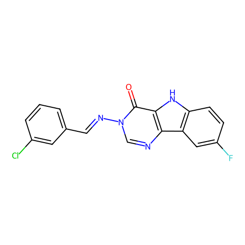 (E)-3-((3-chlorobenzylidene)amino)-8-fluoro-3H-pyrimido[5,4-b]indol-4(5H)-one structure
