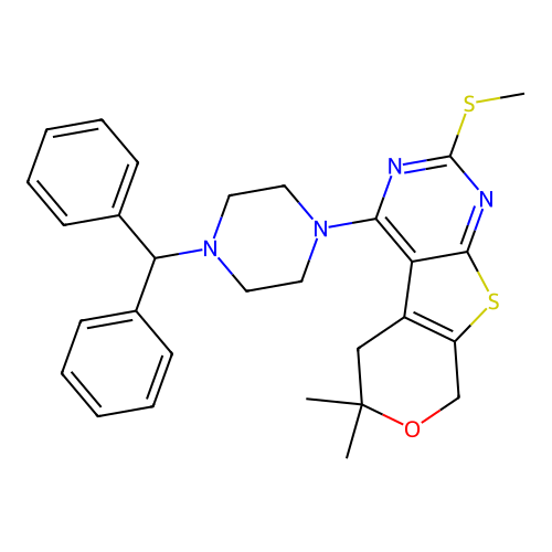 4-(4-benzhydrylpiperazin-1-yl)-6,6-dimethyl-2-(methylthio)-6,8-dihydro-5H-pyrano[4',3':4,5]thieno[2,3-d]pyrimidine structure