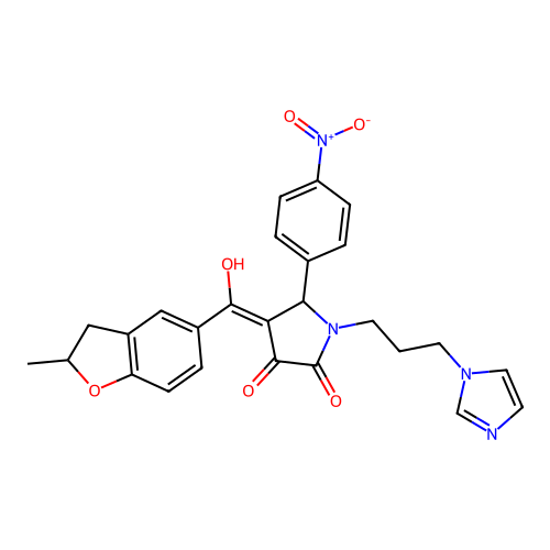 (4E)-4-[hydroxy-(2-methyl-2,3-dihydro-1-benzofuran-5-yl)methylidene]-1-(3-imidazol-1-ylpropyl)-5-(4-nitrophenyl)pyrrolidine-2,3-dione structure