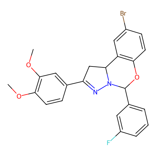 9-bromo-2-(3,4-dimethoxyphenyl)-5-(3-fluorophenyl)-1,10b-dihydropyrazolo[1,5-c][1,3]benzoxazine structure