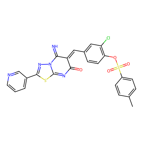 (Z)-2-chloro-4-((5-imino-7-oxo-2-(pyridin-3-yl)-5H-[1,3,4]thiadiazolo[3,2-a]pyrimidin-6(7H)-ylidene)methyl)phenyl 4-methylbenzenesulfonate structure