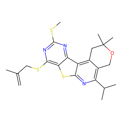 2,2-dimethyl-8-[(2-methylprop-2-en-1-yl)sulfanyl]-10-(methylsulfanyl)-5-(propan-2-yl)-1,4-dihydro-2H-pyrano[4'',3'':4',5']pyrido[3',2':4,5]thieno[3,2-d]pyrimidine structure