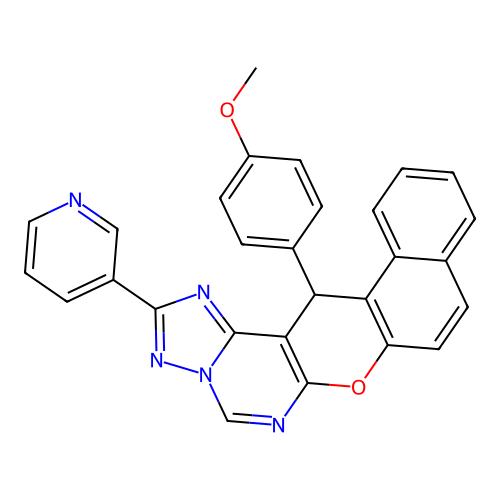 14-(4-methoxyphenyl)-2-(pyridin-3-yl)-14H-benzo[5,6]chromeno[3,2-e][1,2,4]triazolo[1,5-c]pyrimidine structure