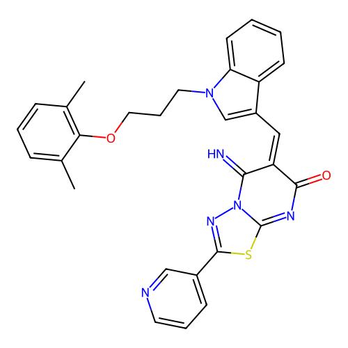 (E)-6-((1-(3-(2,6-dimethylphenoxy)propyl)-1H-indol-3-yl)methylene)-5-imino-2-(pyridin-3-yl)-5H-[1,3,4]thiadiazolo[3,2-a]pyrimidin-7(6H)-one structure