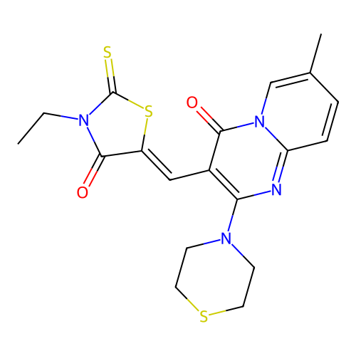(Z)-3-ethyl-5-((7-methyl-4-oxo-2-thiomorpholino-4H-pyrido[1,2-a]pyrimidin-3-yl)methylene)-2-thioxothiazolidin-4-one structure
