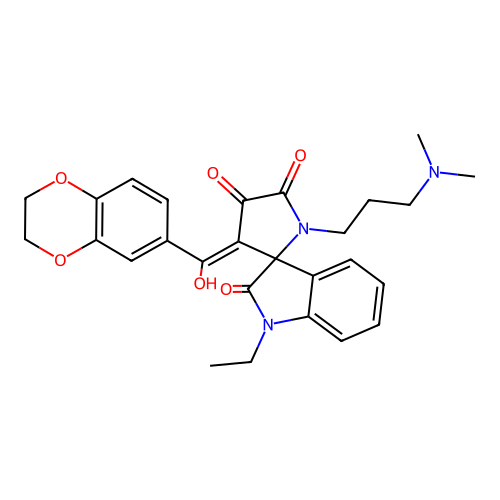 (4'E)-4'-[2,3-dihydro-1,4-benzodioxin-6-yl(hydroxy)methylidene]-1'-[3-(dimethylamino)propyl]-1-ethylspiro[indole-3,5'-pyrrolidine]-2,2',3'-trione structure