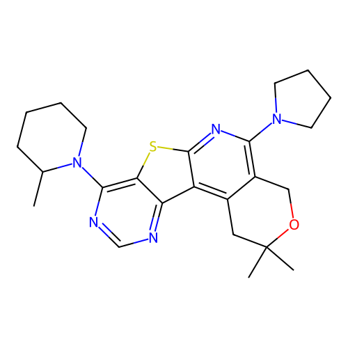 2,2-dimethyl-8-(2-methylpiperidin-1-yl)-5-(pyrrolidin-1-yl)-1,4-dihydro-2H-pyrano[4'',3'':4',5']pyrido[3',2':4,5]thieno[3,2-d]pyrimidine structure
