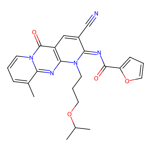 (E)-N-(3-cyano-1-(3-isopropoxypropyl)-10-methyl-5-oxo-1H-dipyrido[1,2-a:2',3'-d]pyrimidin-2(5H)-ylidene)furan-2-carboxamide structure