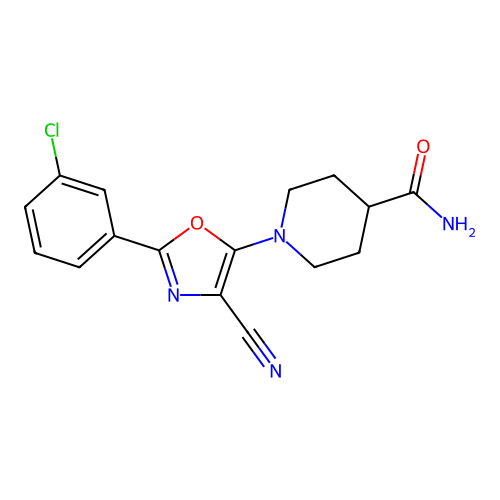 1-[2-(3-Chlorophenyl)-4-cyano-1,3-oxazol-5-yl]piperidine-4-carboxamide structure