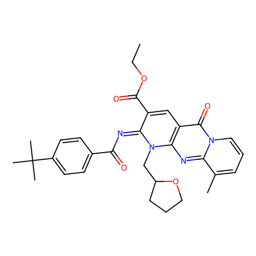 (Z)-ethyl 2-((4-(tert-butyl)benzoyl)imino)-10-methyl-5-oxo-1-((tetrahydrofuran-2-yl)methyl)-2,5-dihydro-1H-dipyrido[1,2-a:2',3'-d]pyrimidine-3-carboxylate structure