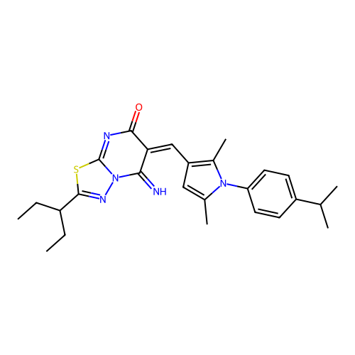 (E)-5-imino-6-((1-(4-isopropylphenyl)-2,5-dimethyl-1H-pyrrol-3-yl)methylene)-2-(pentan-3-yl)-5H-[1,3,4]thiadiazolo[3,2-a]pyrimidin-7(6H)-one structure