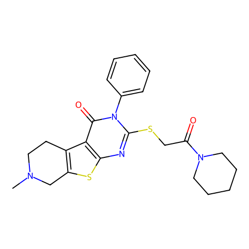 7-methyl-2-((2-oxo-2-(piperidin-1-yl)ethyl)thio)-3-phenyl-5,6,7,8-tetrahydropyrido[4',3':4,5]thieno[2,3-d]pyrimidin-4(3H)-one structure